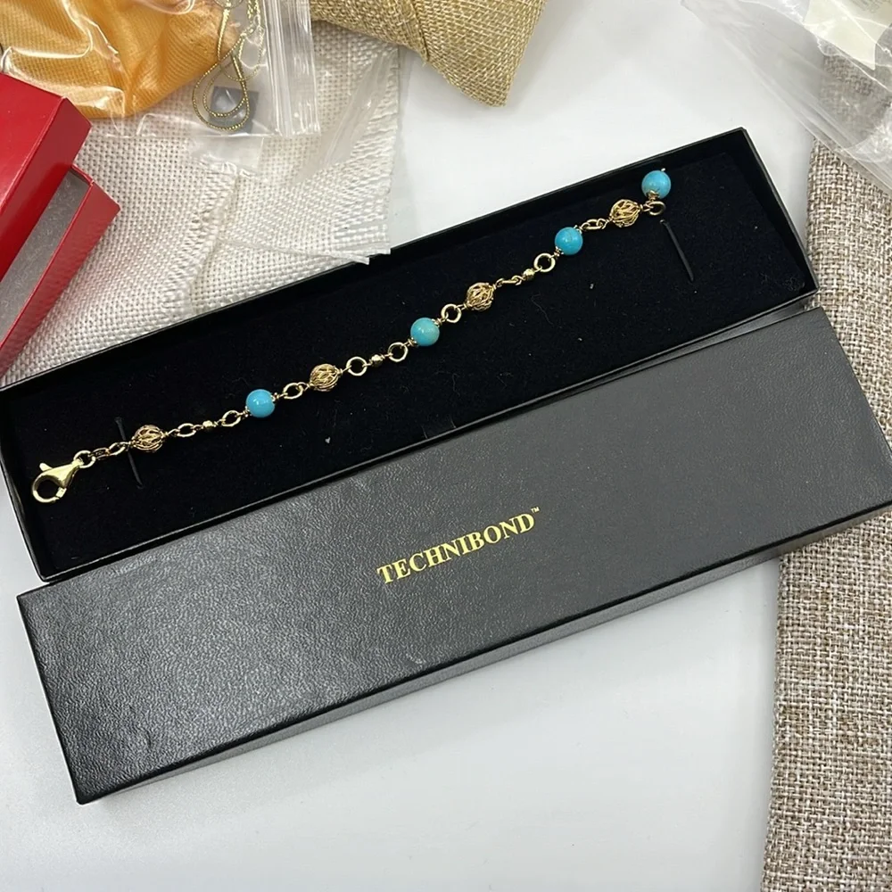 💙 Technibond 18kt Gold & Sterling Silver Turquoise Bracelet - Picture 2 of 13